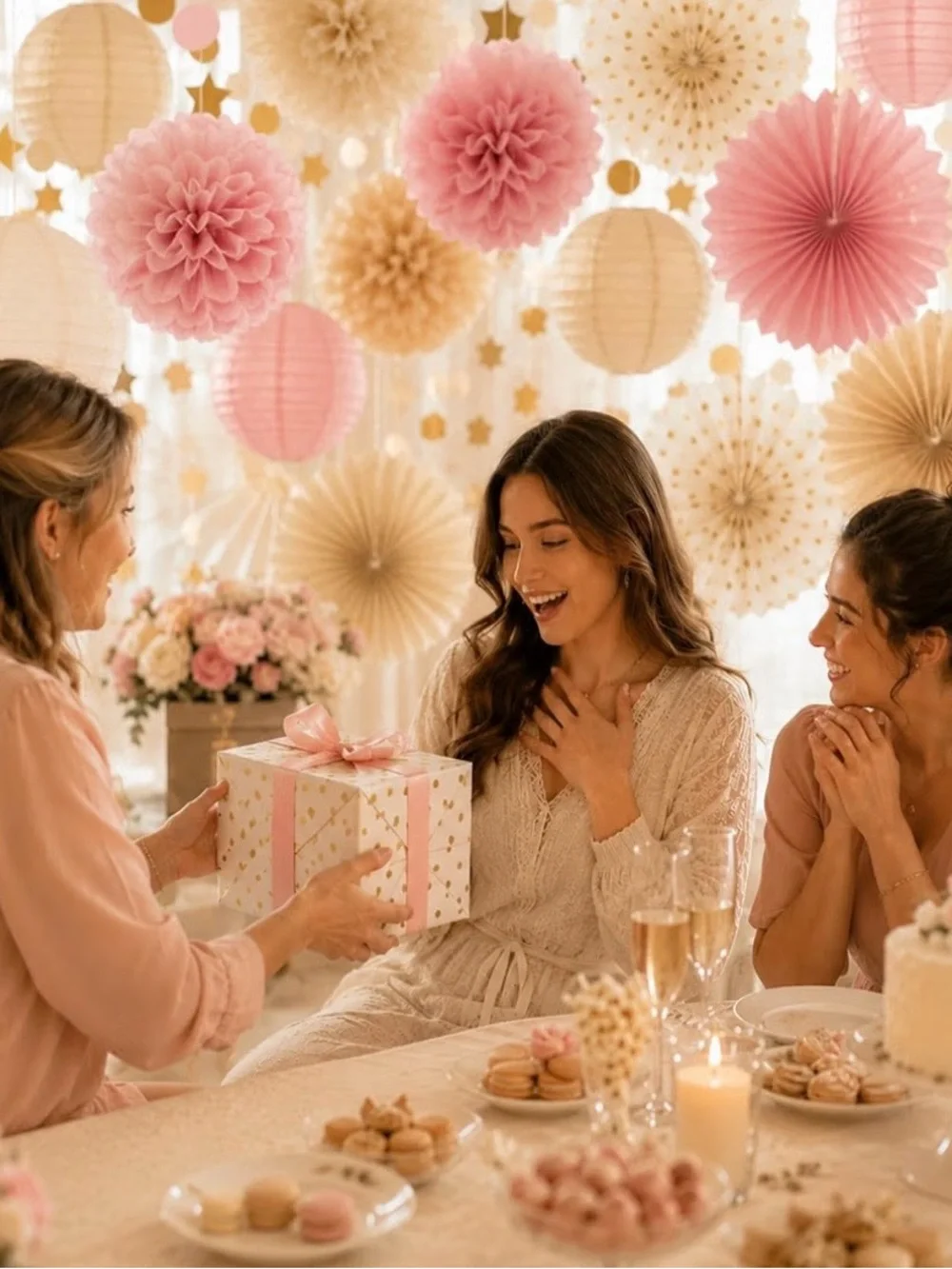 Boho Paper Party Decorations, Blush Pink Champagne Gold Elegant Party Decor